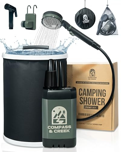 Portable Camping Shower Pump – Rechargeable High Pressure Kit with 90 Min Battery, 3.9 Gal Collapsible Bucket, Dual Heads for Shower & Cleaning, Shower Head Holder & Carry Bag – Essential Camping Kit