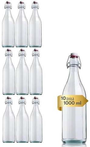 Buyglass Set di 10 Bottiglie in Vetro per orzata con Tappo Meccanico, 1000 ml, Trasparente