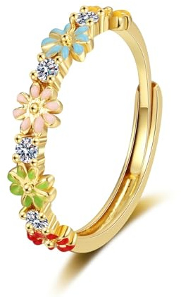 IMINI Lovely Daisy Flower Adjustable Ring for Women Girls - Colour Enamel Bloom Floral Crystal Band, Dainty Everyday Wear & Engagement Birthday Jewellery Gift