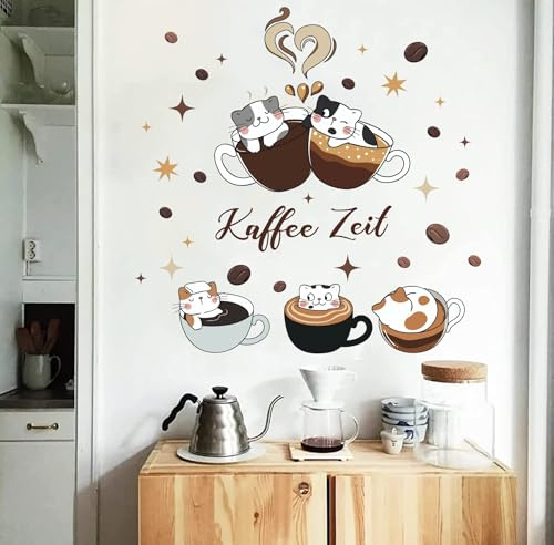 TOARTI Kaffee Wandtattoo mit Spruch Kaffeebohnen Wandsticker für Küche Coffee Deko Katze Wandaufkleber Retro Kaffee Wandaufkleber für Wohnzimmer Esszimmer Cafe Wanddeko