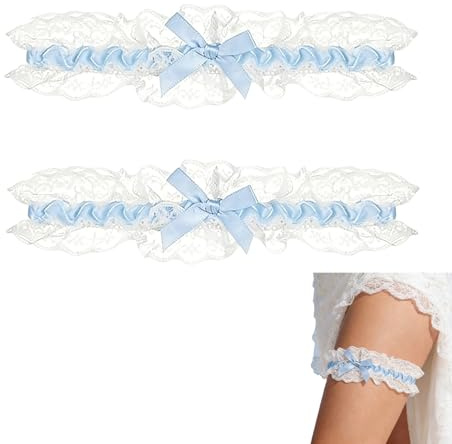 2 Pcs Blue Garters for Brides,Wedding Blue Garter,Bridal Elastic Garter with White Lace and Ribbon Bow Women's Accessories Something Bluer Suspenders Decorations Accessory for Hen Parties,Weddings