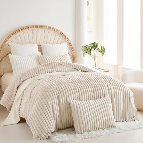 Covebett Plüsch Bettwäsche 135x200 Beige Uni Winter Warm Shaggy Cashmere Touch Gestreift Plüschbettwäsche Set Flauschig Luxus Felloptik Wende Bettbezug Reißverschluss und Kissenbezug 80x80 cm
