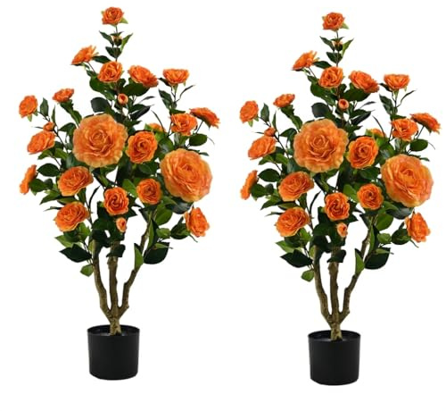 Kzztkz Artificial Camellia Plant in Black Pot - 36 “ Faux Spring Flower Tree with Realistic Camellia Flower, Fake Flower Tree Perfect for Home Decor, Office Indoor/Outdoor Use (Orange)