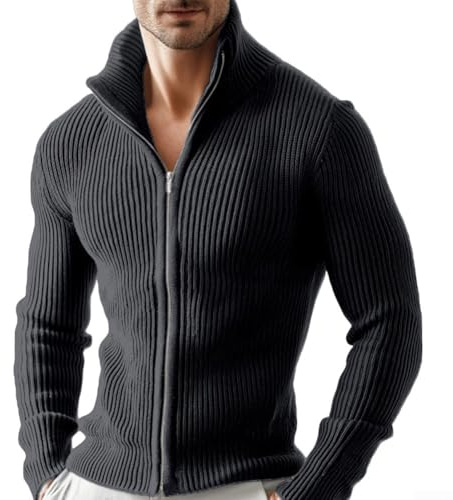 Suéter de punto grueso y cálido para hombre, con cremallera completa, cuello alto, diseñado para actividades casuales y al aire libre (M gris)