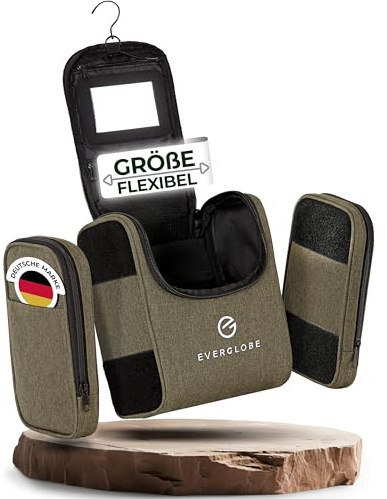 5in1 Kulturbeutel zum Aufhängen mit Spiegel Khaki | Größe anpassbar 1-7L | Kulturtasche für Damen & Herren | Waschtasche mit Griff und 360° Haken | 25x15x23,5cm | 450g Eigengewicht | Deutsche Marke