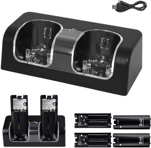 Estación de carga 2 en 1 para mando a distancia Wii con 4 baterías, cargador remoto portátil, estación de carga dual para controlador Wii, estación de acoplamiento WiiRemote con cable de alimentación