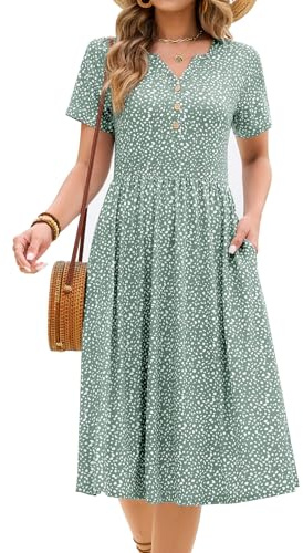HEEKPEK Vestiti Estivi Donna Elegante Midi Lunghi Vestito Maniche Corte Scollo a V Bottoni Abiti Casual Ginocchiocon Floreale Abito da Spiaggia Mare Boho con Tasche(Floreale Verde,M)