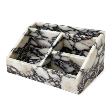 Artis Abode Calacatta Viola Marble Organizer mit 4 Fächern | Natürlicher Calacatta-Viola-Marmor mit 4 Fächern für Stifte, Make-up-Pinsel, kleine Werkzeuge und Kosmetikartikel