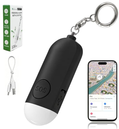 Taschenalarm für Frauen mit GPS Tracker 2-in-1, Qoosea 130dB LED Persönlicher Alarm Selbstverteidigung Wiederaufladbarer für Kinder/Senioren Self Defense, Schlüsselfinder Schwarz