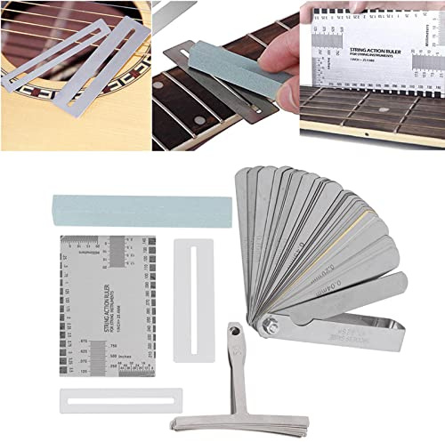 Aramox Kit de Reparación de Guitarra Juego de Herramientas de Guitarra de Acero Inoxidable con Medidor de Radio y Regla de Acción de Cuerda Medidor de Espaciado de 32 Hojas para Eléctrica, bajo,