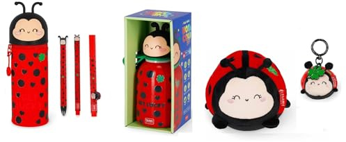 Legami Astuccio 2-in-1 in Silicone - Penna Gel Cancellabile - Penna Gel con Animaletto Decorativo - Penna a Sfera Due Colori - Portachiavi di Peluche - Peluche - Borraccia -Tema Ladybug