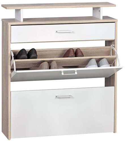Wohnling Schuhkipper 80x24x95 cm Sonoma Eiche mit Schublade | Schuhschrank schmal mit 2 Klappfächern, Schuhregal mit Kippfächern, Schuhaufbewahrung modern für Flur und Diele