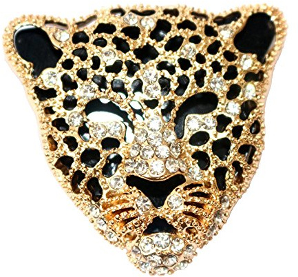 Navachi Brosche mit Leopardenkopf-Motiv, 18 Karat vergoldet, weißer Kristall, Emaille, Stein, Kristall