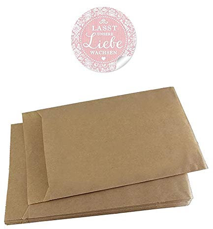 Blütensamen Tüten Set 24 Sticker LASST UNSERE LIEBE WACHSEN ROSA ORANMENTE 4cm matt rund + 24 Flachbeutel braun 130 x 95 + 16 mm Hochzeit Taufe Blüten Samen Gastgeschenke Feier Geburtstag