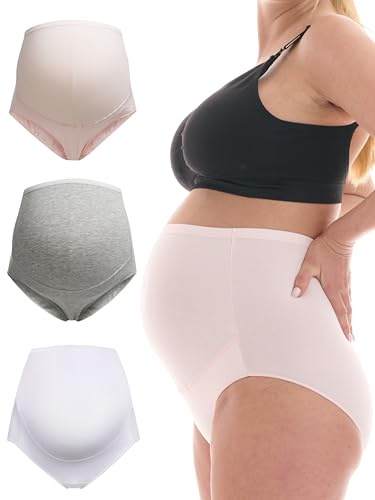 Herzmutter modershorts - over bump-underbyxor - graviditetsbyxor - för kvinnor - graviditet efter födseln - bomullsblandning - uppsättning 1 & 3-5130 (L, Rosa/Vit/Grå)