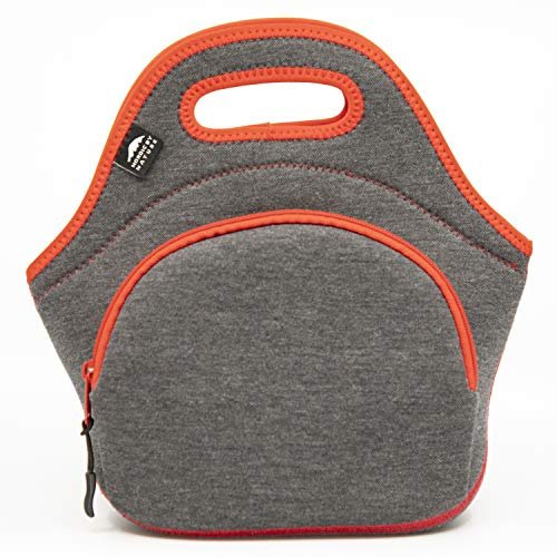 Nordic By Nature Insulated Neoprene Lunch Bag, Soft & Foldable Washable & Reusable Extra-Pocket (M) Dark Grey/Red