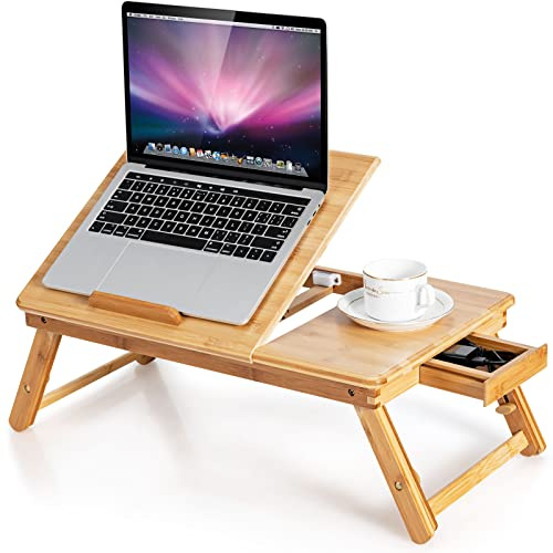 COSTWAY Vassoio per Laptop con Gambe Regolabili e Piano di Dissipazione Termica Inclinabile, Tavolino da Letto Pieghevole con Cassetto Portaoggetti per Leggere, Scrivere e Mangiare (Legno)