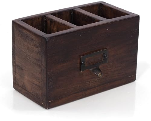 DESIGN DELIGHTS Holz STIFTEHALTER Box Vintage 19 | Mahagoni, 19x12x10cm (BxHxT) | Stiftebox mit Metallgriff, Stifteköcher, Schreibtischorganizer im Shabby Style | Farbe: 02 Hellbraun