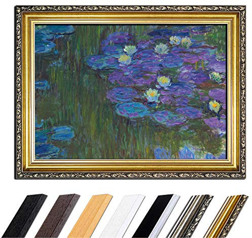 Bild mit Rahmen - Claude Monet Seerosen in voller Blüte 80x60 cm - Gerahmtes Leinwandbild Alte Meister - Antiker Rahmen Gold Barock, Klassisch