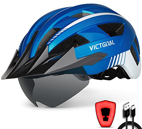 Bike Helmet for Men Women, M/L/XL Size Options, LED Light, Magnetic Goggles | Rechargeable Rear Light, Removable Sun Visor, 21 Air Vents, 54-63cm Head Range Adult Teen Fit, Bike Helmet for Road Cycling