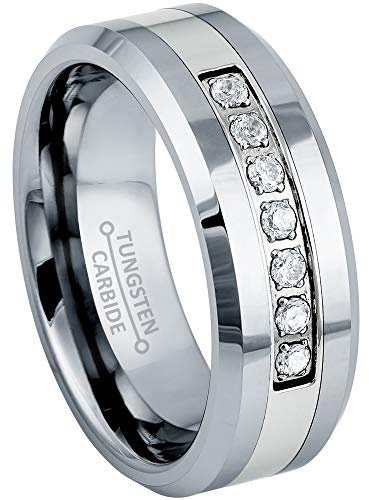 Jewelry Avalanche 7-stone Prong Set Diamond Simulated CZ Mens Tungsten Carbide Wedding Band - Polished Beveled Comfort Fit Tungsten Anniversary Ring #772s13