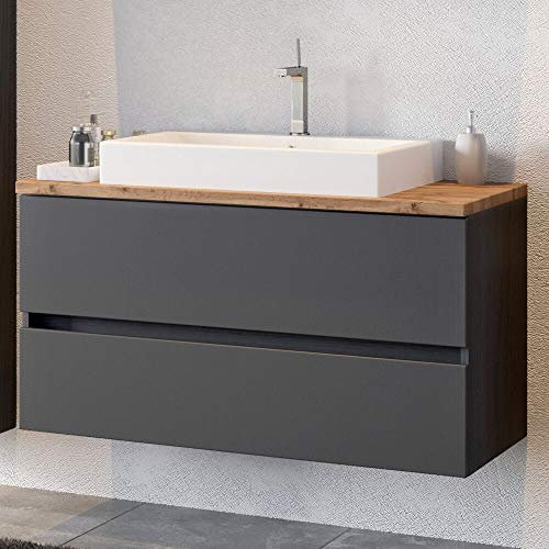 Lomadox Waschtisch Bad 100 cm inkl. Keramik-Aufsatzbecken in matt grau mit Absetzung in Wotaneiche Nb., B/H/T: ca. 100/63/48 cm