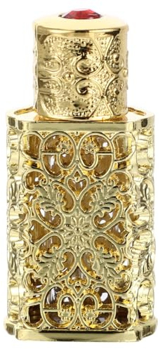 Luxshiny 3Ml Golden Essential Oil Bottle - Hollow Engraved Glass & Metal Perfume Dispenser for Travel Aromatherapy & Storage (5.3X2.5Cm)