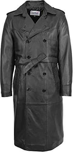 Herr äkta läder 3/4 längd rock trenchcoat reefer stil Travis svart, Svart, XXL