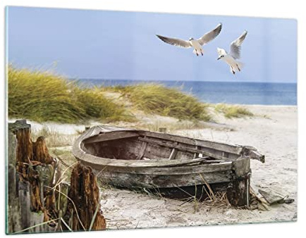 ARTTOR Wandbilder Dekoration Wohnzimmer Strand Möwen Łódź Bilder auf Glas 120x80cm Glasbild Schlafzimmer Küche Deko Wand Kunstdruck Art Groß XXL Wanddeko Bild im Glas Modern Wall Decor GAA120x80-4170