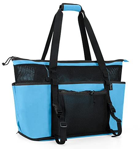 Fasrom Extra Große Netz Strandtasche mit Reißverschluss Unten, Blau | Reißverschluss Unten, Frontschnallen für Handtücher, Nass/Trenn Tasche, 6 Außentaschen, Kordeltasche, Familien Strandtasche
