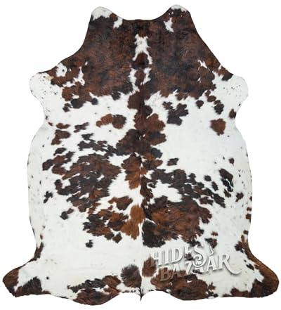 HIDES BAZAAR Tappeto in pelle bovina tricolore chiaro di alta qualità con motivo misto bianco, marrone e nero, tappeto in pelle di vacchetta naturale, per ufficio e casa, tappeto in pelle di mucca, 15