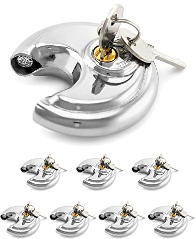 QWORK Lot de 8 cadenas à disque à clés identiques en acier inoxydable avec anse de 1,9 cm, 7,5 cm de large, pour garages, clôtures, abris de jardin et unité de rangement