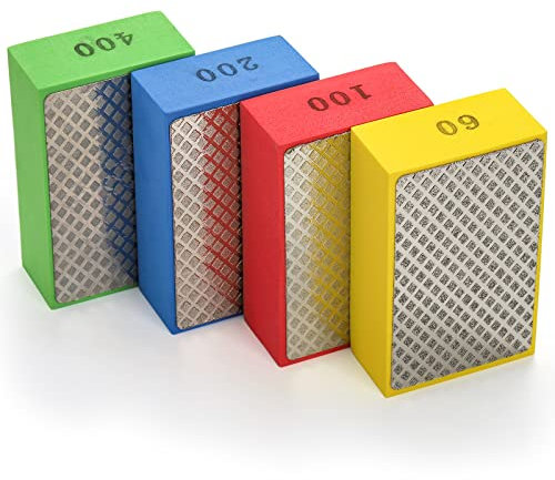 TOPZEA 4 Pack Diamond Hand Polishing Pads, Diamond Sanding Blocks Sandpaper Sponge Hand Sanding Pads for Tile Granite Marble Ceramic Glass, 60,100,200,400 Grits