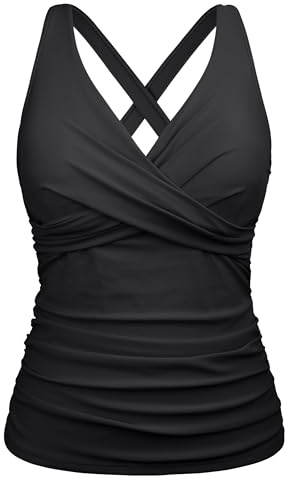 Firpearl Damen-Tankini-Top mit Bügel, gedrehter V-Ausschnitt, Badeanzüge für große Brust, gerüscht, Bauchkontrolle, Badeanzüge, Schwarz, 44