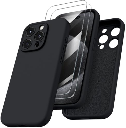 ORNARTO für iPhone 15 Pro Hülle mit 2 Schutzfolien, Schwarz | Kamerashutz, Premium Flüssigsilikon, dünne Handyhülle, weich, griffig, tolle Haptik, stoß- und kratzfest, große Farbauswahl