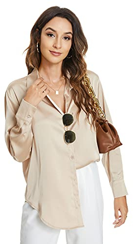 Atnlewhi Damen Bluse Langarm Knöpfen Satin Seide Hemden Basic Kent Kragen Arbeit Büro Formelle Casual Blusen Shirt