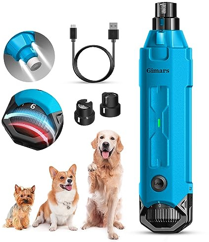 Gimars Lime à Ongles pour Chien Réglable 6 Vitesses Broyeur à Ongles pour Chien avec Double Lumière LED, Broyeur à Ongles pour Animaux De Compagnie, Rechargeable Lime Ongles Chien par USB, à 3 Ports