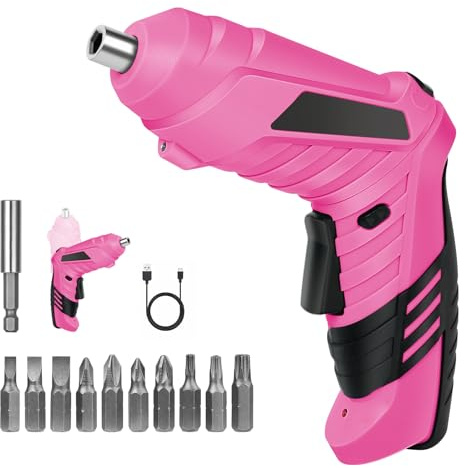 flintronic Elektroschrauber Akkuschrauber Klein, Mini con LED-Licht Pink | 1300mAh Akku Wiederaufladbar, 3,6V mit 10 Zubehörteilen und USB Kabel, F4-3602115