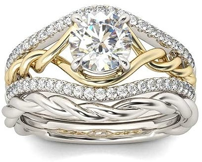 Jeulia Verlobungs-/Ehering-Set aus Sterlingsilber, zweifarbiges Zopf-Ring-Set mit rundem Schliff, Valentinstag-Versprechen, Jubiläumsringe mit seitlichen Steinen (Silber, Gelbgold, 50(15.7))