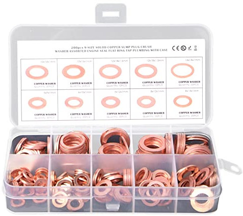 ISTOVO 200pcs O Ring Kupfer Metrische Unterlegscheiben Sortiment Kit O Ring Kupfer Tablett Dichtscheibe 9 Größen M5 M6 M8 M10 M14