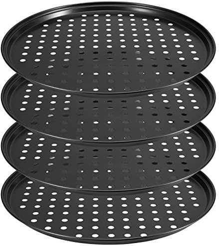 ZEONHEI Paquete de 4 bandejas antiadherentes para hornear pizza de 10 pulgadas, molde perforado para hacer pizzas, 26 cm x 1,5 cm, color negro
