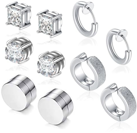 Besyvvin 5 Pares Pendientes Magnéticos de Acero Inoxidable Sin Perforar, Punk CZ