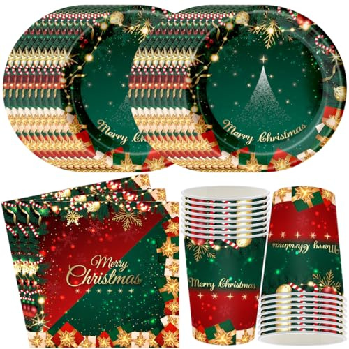 MEZHEN Noël Vaisselle de Fête Kit Fournitures de Décoration d'Noël Vaisselle de Fête sur Le Thème de la Noël Vaisselle de Fête Jetable Gobelets Serviette Assiette Décorations de Fête 16 Invités MC113