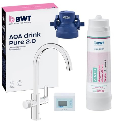 BWT Wasserfilter AQA drink Pure 2.0 Filtert Kalk, Chlor & Schwermetalle – Untertisch Trinkwasserfilter System inklusive Armatur – Mineralisierung mit Zink und Magnesium (Zink+MP200)