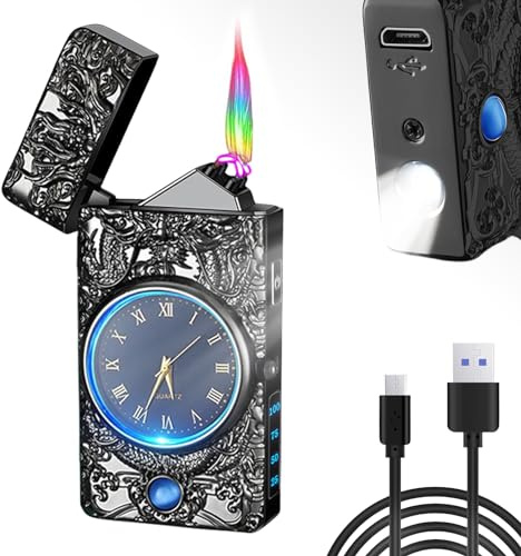 Sporgo Elektrisches Plasma-Feuerzeug, USB-wiederaufladbar, mit Uhr und LED-Licht, winddicht, LED-Anzeige, Geschenk für Männer