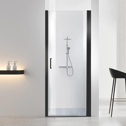 Duschdörr för badrum, ramlös duschdörr i härdat glas, 83-96 cm B x 183 cm H duschpanel, H-typ enkel dusch svängdörr, matt svart finish med handtag