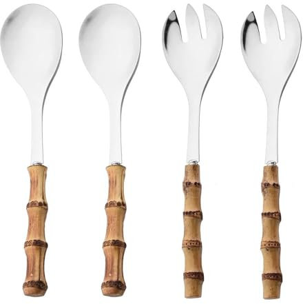 Cutlery Set 4Pcs Long Handle Salad Spoon Fork Serving Spork Bamboo Wooden Handle Stainless Steel Tableware Silver
