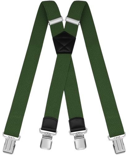 HNOOM Bretelle Uomo Elastico e Regolabile con 4 Extra Forte Clip, Larghe 3,8 cm Bretella a Forma di X per uomo e donna, Lunghezza 120 m (Verde Militare)