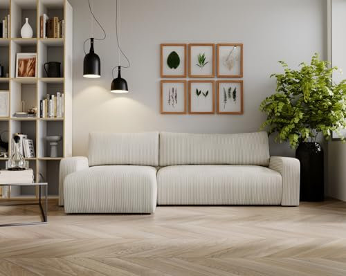 Kaiser Möbel, Ecksofa mit schlaffunktion, mit Bettkasten, Schlafsofa Argon, Designer Sofa, Modern Design Couch, Polsterecke, Freistehend, Zoom Stoff- Dicker Cord Ecru Ottomane Links