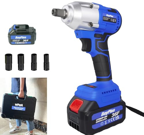 DayPlus Akku-Schlagschrauber 1/2 Zoll Set mit 18V 1 x 6.0Ah Akku 420Nm Hochdrehmoment, Schlagschrauber Nüsse 4 Stecknüsse, 14/17/19/22mm, 2-Gang Einstellbar Drehschlagschrauber mit Koffer, Blau